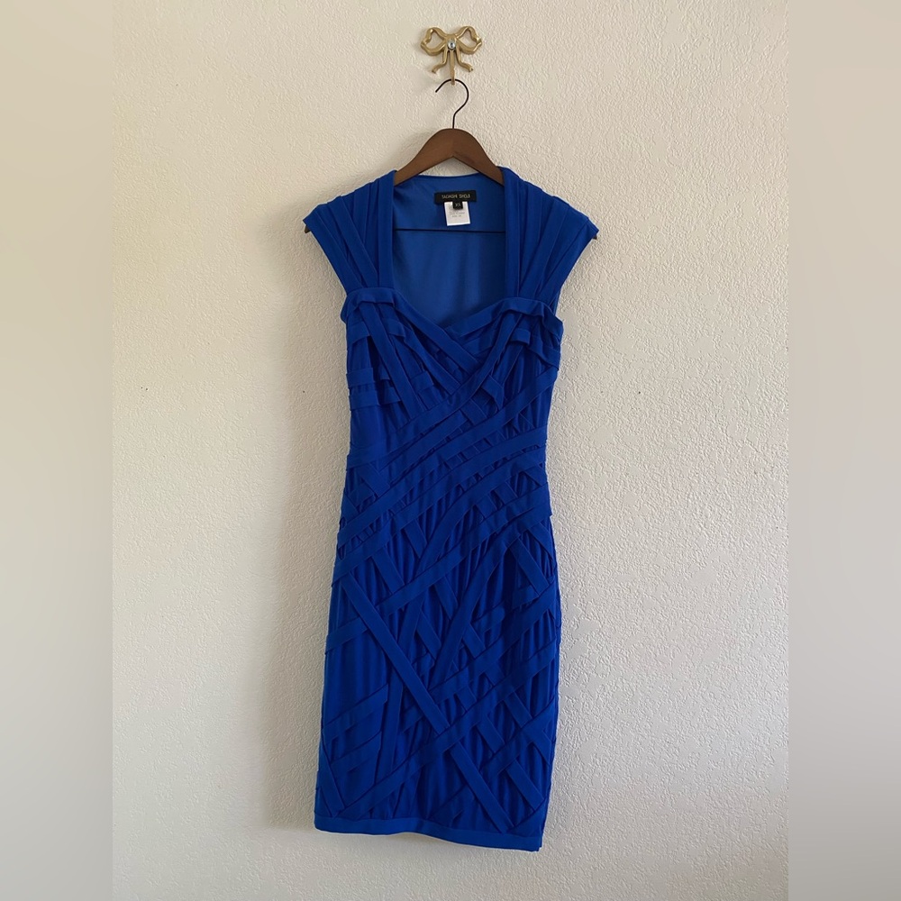 Tadashi Shoji Size XS Royal Blue Cross-Cross Pleated Bodycon Dress Cocktail